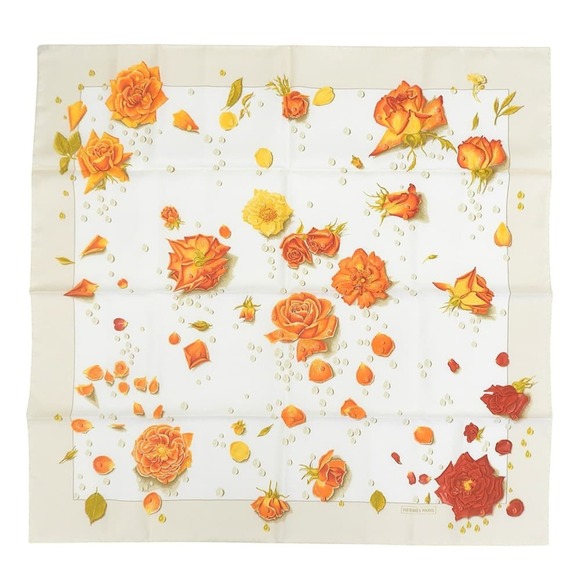 HERMES Accessories - Hermes Carre 90 LA ROSEE (Rose Drop) Scarf/Muffler, Silk, Light Beige, Orange...